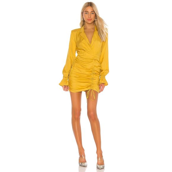 L'ACADEMIE 'Nichole' Mustard Yellow Long Sleeve Ruched Mini Dress SMALL - Picture 2 of 15